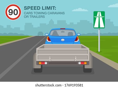 Cars towing caravans or trailers on a motorway, highway speed limit. 
Driving a car. Flat vector illustration template.