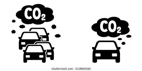 Cars and traffic CO2. traffic exhaust pollution icon. Car with smog. No CO2 gas emissions. Carbon dioxide. Climate change, global warming. NOx or nitrogen oxides. climate crisis