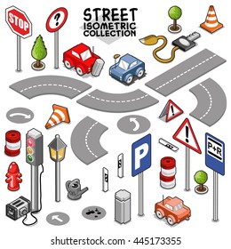 Cars and traffic collection, street segments for building a city map or a race track. Isometric vector set.