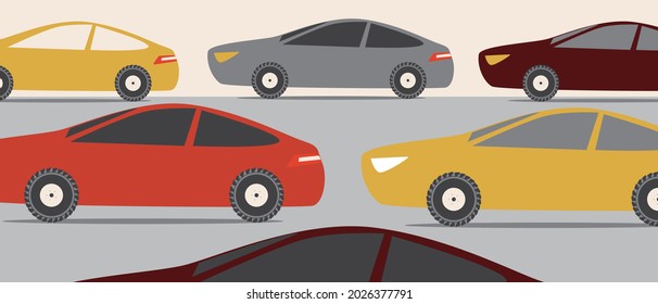 Cars in a traffic jam. Flat vector stock illustration. Traffic jam on the road to urban. Road traffic problem. Slow car speed. Waiting in line. Transport jam. Stop cars traffic. Vector graphics