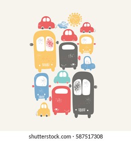 Cars with traffic jams in the city. hand drawn cartoon vector illustration.Can be used for kids or babies shirt design, fashion print design, fashion graphic, t-shirt, kids wear