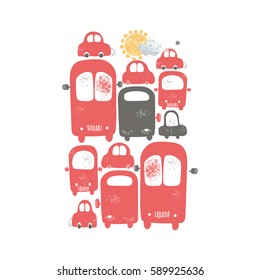 Cars with traffic jams in the city. hand drawn cartoon vector illustration.Can be used for kids or babies shirt design, fashion print design, fashion graphic, t-shirt, kids wear