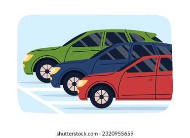 Cars at traffic lights concept. Multicolored vehicles near each other. Automobile and transport outdoor. Travel and trips. Cartoon flat vector illustration isolated on white background