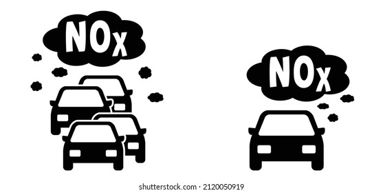 Cars And Traffic NOX Clouds. Traffic Exhaust Pollution Icon. Vector Pictogram Or Symbol. Car With Smog. CO2 Emissions. Carbon Dioxide. Climate Change And Global Warming.