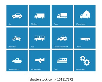 Cars and Transport icons on blue background. Vector illustration.