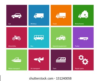 Cars and Transport icons on color background. Vector illustration.