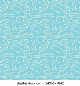Cars transport seamless pattern  on blue a background  outline   style