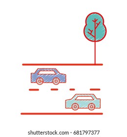 cars transportation in the double via road and tree