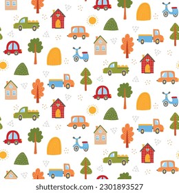 Cars trees houses and hills cute childish landscape colorful seamless vector pattern witn flat naive  hand drawn icons