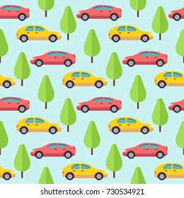 Cars and trees seamless pattern design. Background with transport, vector illustration