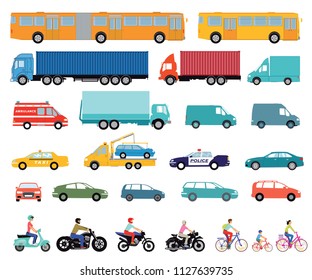 Cars, truck, bus, scooter, motorcycle, set of urban cars