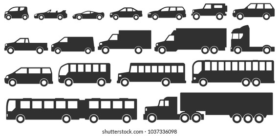 Cars, trucks and bus icons set. Vector silhouettes isolated on white. Various models and sizes of personal and commercial vehicles: sedan, pickup, suv, minivan, cargo van, truck, passenger buses.