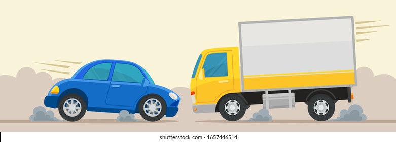 Cars and trucks emergency brake to prevent an accident, a collision with each other. Driving in the oncoming lane, dangerous overtaking, risky maneuver. Vector illustration, flat design cartoon style.