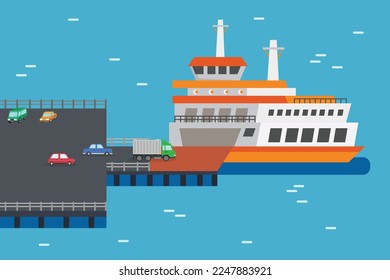 cars and trucks is getting on the ferry to cross the ocean at ferry terminal 2d vector illustration concept for banner, website, illustration, landing page, flyer, etc