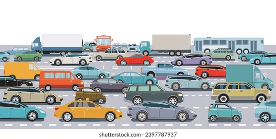 Muchos autos y camiones en la intersección vial en la ilustración de los atascos de tráfico