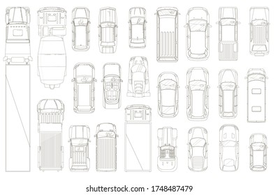 Cars and trucks outline. Various automobiles and trucks motor wheel vehicles line contour drawing set. Top view of trucks and cars collection. Automotive transportation and auto industry concept