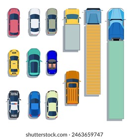 Iconos planos de vista superior de coches y camiones. Conjunto de coche y coche sedán. Ilustración vectorial en estilo plano