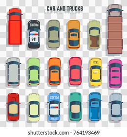 Cars and trucks top view isolated on transparent background. Vector illustration