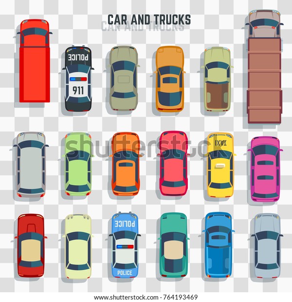 Cars and trucks top view isolated on\
transparent background. Vector\
illustration