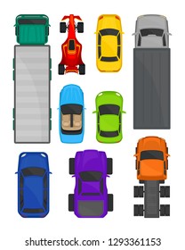 Cars and trucks top view set, city and cargo delivering transport, vehicles for transportation vector Illustration