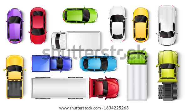Cars and trucks\
top view vector\
illustration