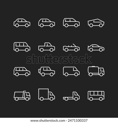 Cars, trucks, vans icon set, white lines on black background. Passenger and commercial vehicles for people and cargo transportation. Customizable line thickness.