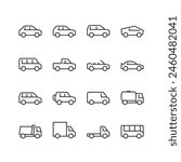 Cars, trucks, and vans. Passenger and Commercial Vehicles, linear style icon set. Diverse automobiles for transportation of people and cargo. Editable stroke width