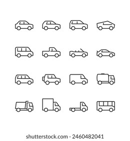 Cars, trucks, and vans. Passenger and Commercial Vehicles, linear style icon set. Diverse automobiles for transportation of people and cargo. Editable stroke width