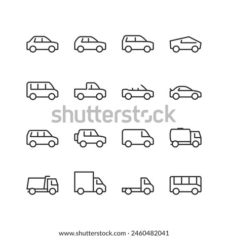 Cars, trucks, and vans. Passenger and Commercial Vehicles, linear style icon set. Diverse automobiles for transportation of people and cargo. Editable stroke width