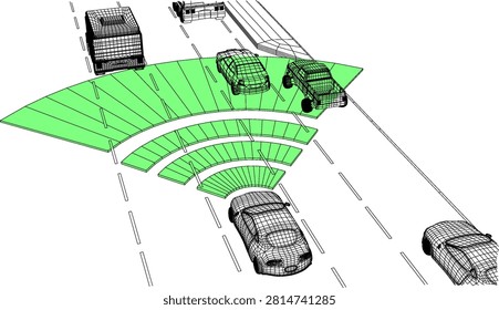 Cars using radar technology for autopilot on a highway with multiple lanes
