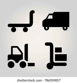 Cars vector icon set. delivery, truck, forklift and trolley