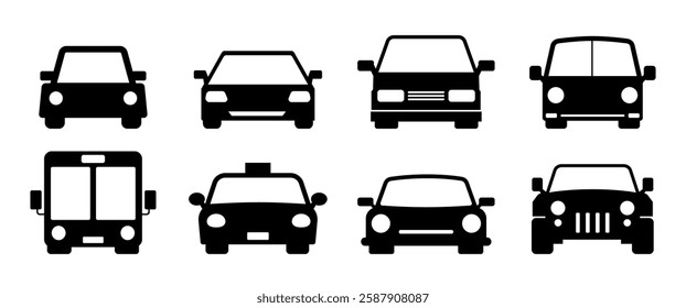 Cars vector icons set, Isolated Automobil, Black Land Vehicle symbol, Silhouette Traffic Clip art, Transportation graphic elements in Modern minimal style, Infographic, Editable