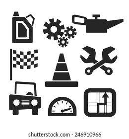 Cars vector web and mobile logo icons isolated on white.  Vector symbols of gearbox, gps, speedometer, cars, battery, handle.