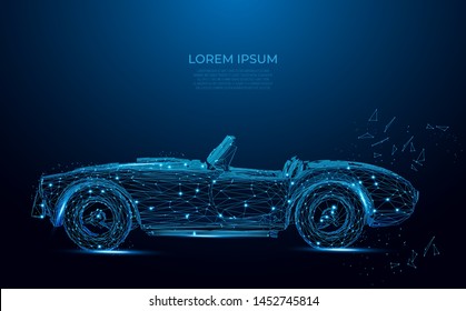 Cars vector wireframe concept. Abstract image of a auto in the form of a starry sky or space. High Speed concept. Polygonal wireframe mesh art, poly low. Poly art