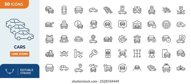 Cars, Vehicle and Automobile Line Editable Icon set	

