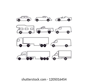 Cars and vehicle and wheel city transportation set. Classy cars and old timers and sport cars and campers and trucks silhouette black outline illustration vector set. Different set and car collection.