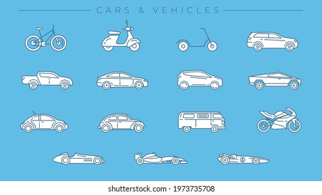 Cars and Vehicles concept line style vector icons set.