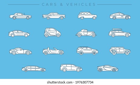 Cars and Vehicles concept line style vector icons set.