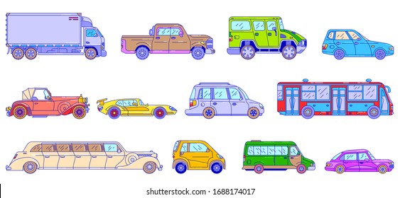 Cars and vehicles, line vector illustration of modern and retro auto transport isolated on white, line art style. City public transport, bus. Cars, vans and trucks transportation.