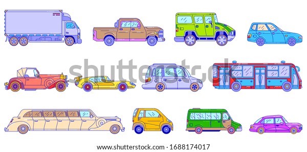 Cars and\
vehicles, line vector illustration of modern and retro auto\
transport isolated on white, line art style. City public transport,\
bus. Cars, vans and trucks\
transportation.