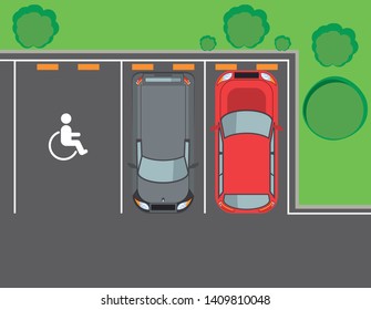 Cars and vehicles parked in lot with road signs, parking zone topview. vector illustration graphic design
