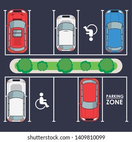 Cars and vehicles parked in lot with road signs, parking zone topview. vector illustration graphic design