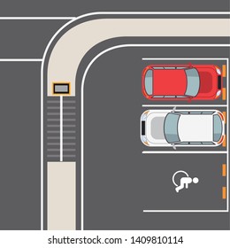 Cars and vehicles parked in lot with road signs, parking zone topview. vector illustration graphic design