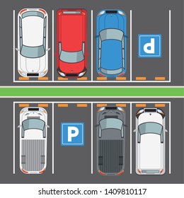 Cars and vehicles parked in lot with road signs, parking zone topview. vector illustration graphic design