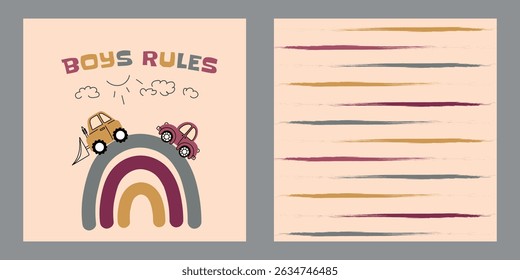 Cars and vehicles and striped pattern in pastel colors for children. Perfect for children's clothing or room decor.