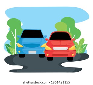 cars vehicles traveling in the landscape vector illustration design