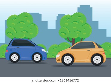 cars vehicles traveling in the road vector illustration design