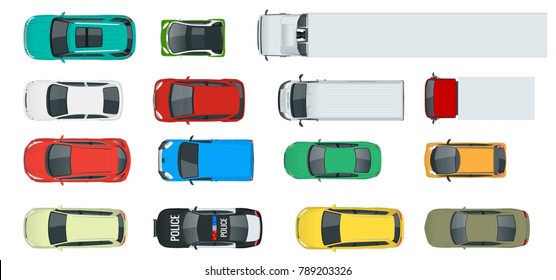 Cars view from above set. Vehicles driving in the city and service transport. Vector flat style illustration isolated on white background