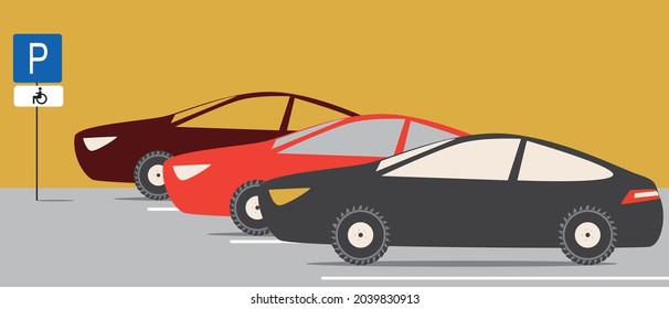 Cars In A Wheelchair Parking, Road Sign. Flat Vector Stock Illustration. Inclusive Parking Lot. Place For Transport. Personal Transport Of A Disabled Person. Traffic Rules For Parking Cars