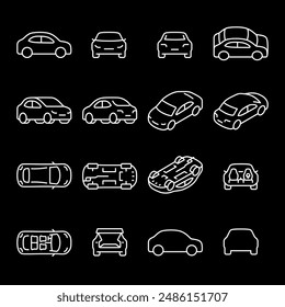 Cars, white line icons. Different views of cars including side, back, front, bottom, and inside. Essential for automotive themes. Symbols on black background. Editable stroke.